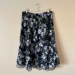 Black Floral Chiffon Midi Skirt Sz L